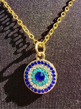 Handmade Gold Blue Crystals Evil Eye Sparkly Protection Necklace
